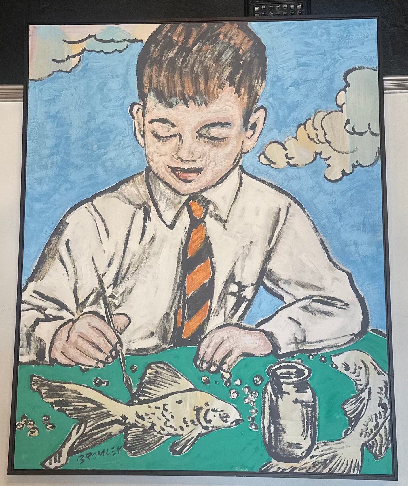 David Bromley Original Painting 'Young Boy with Fish' – Children Series Acrylic on Canvas