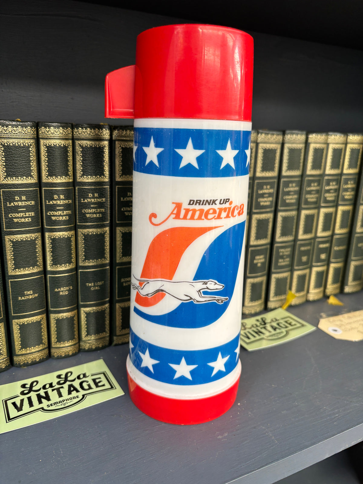 Vintage Aladdin Greyhound “Drink Up America” Thermos – 1970s