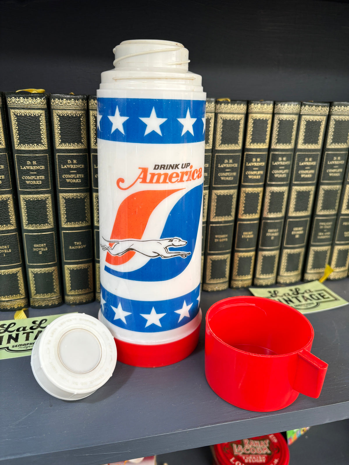 Vintage Aladdin Greyhound “Drink Up America” Thermos – 1970s