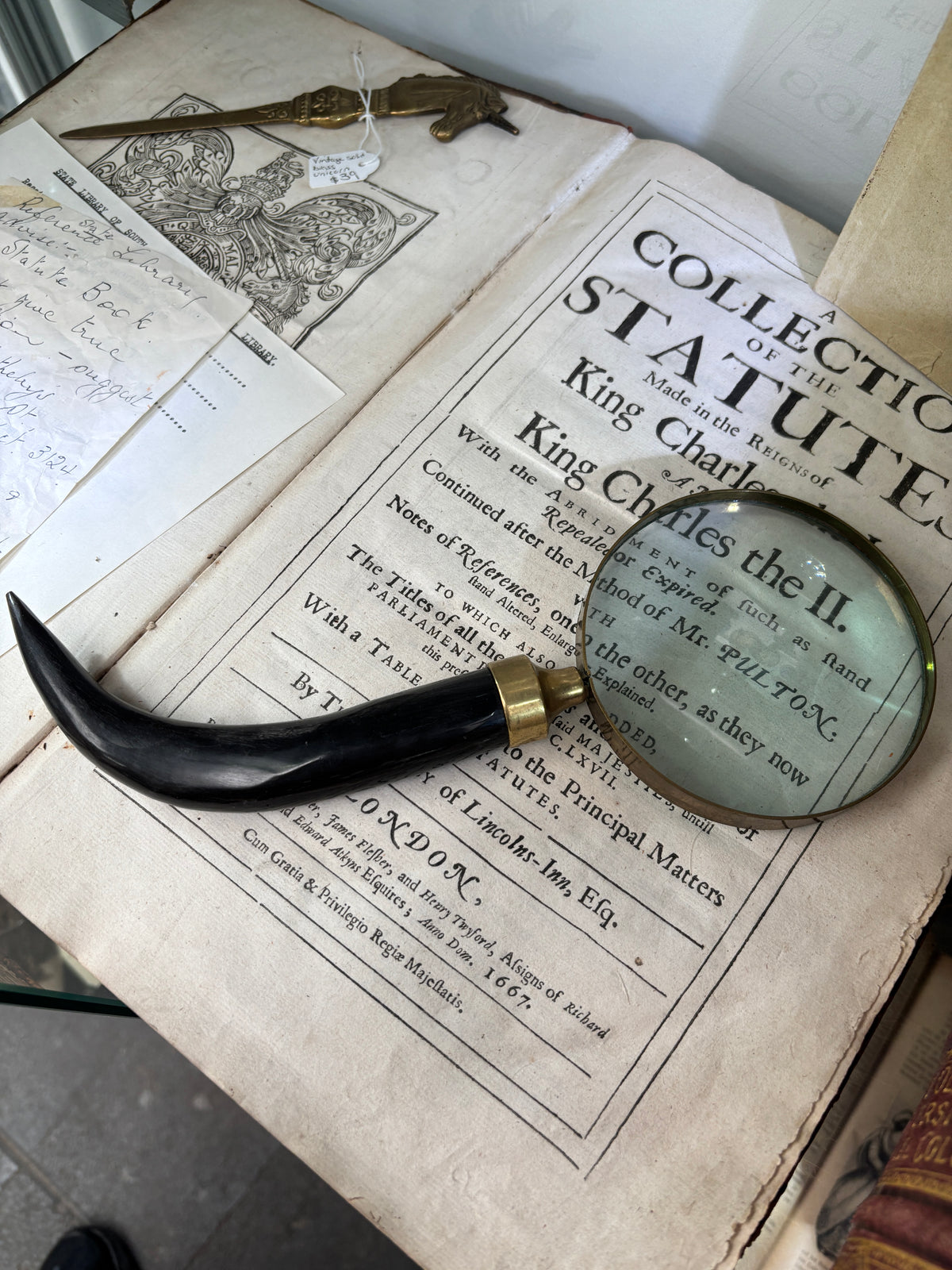 Vintage Horn-Handled Magnifying Glass with Brass Collar