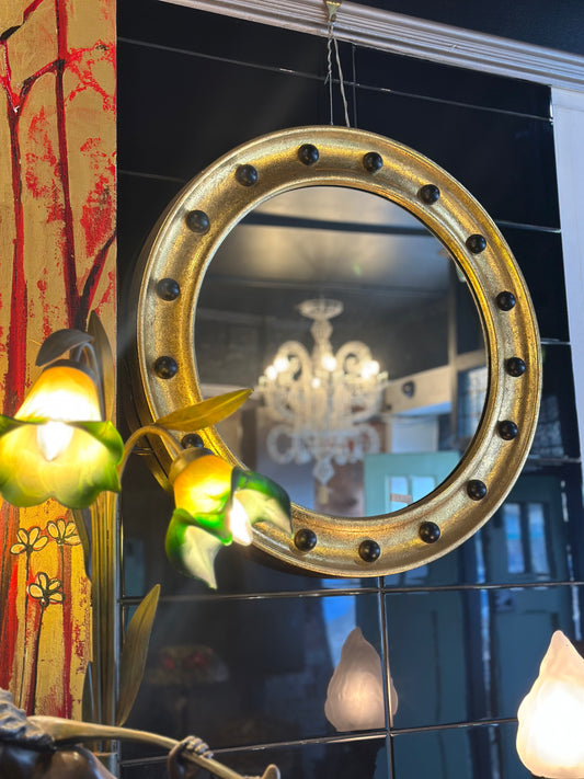 Vintage Style Porthole Mirror Gilt Gold Wall Decor Industrial Nautical Round Studded Mirror