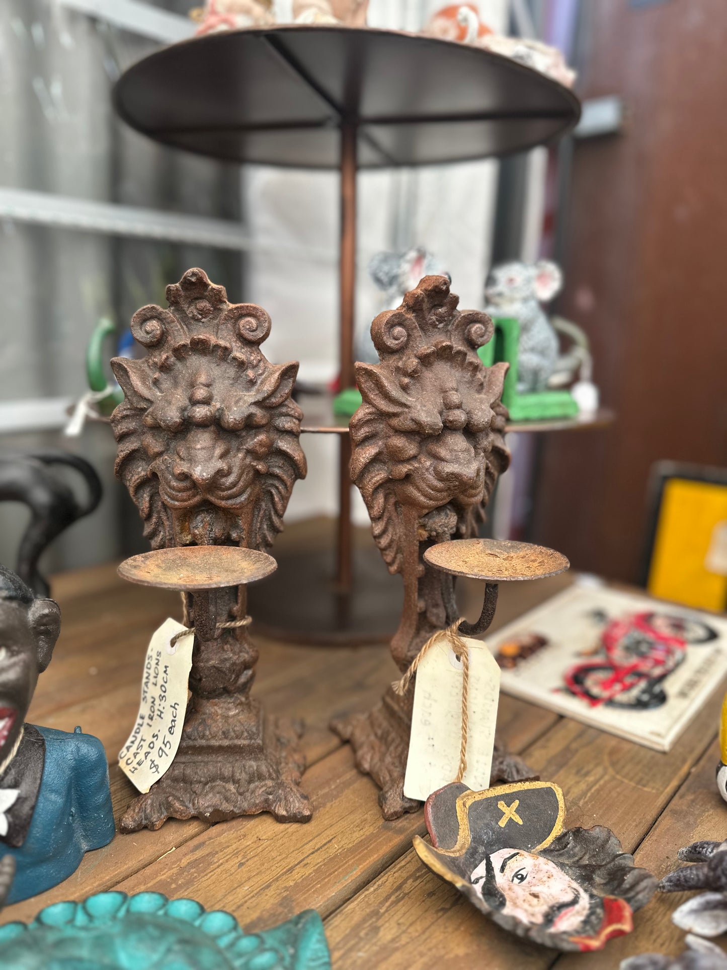 Cast Iron Lion Head Candle Stand - 30cm Antique Style Rustic Pillar Holder