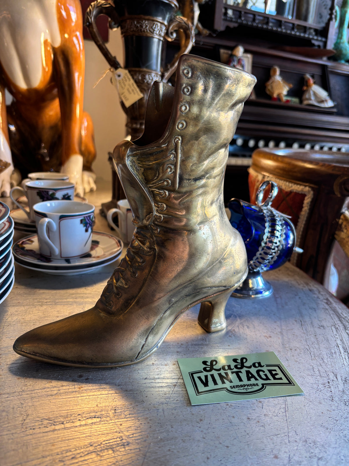 Vintage Brass Victorian-Style Lace-Up Boot Vase