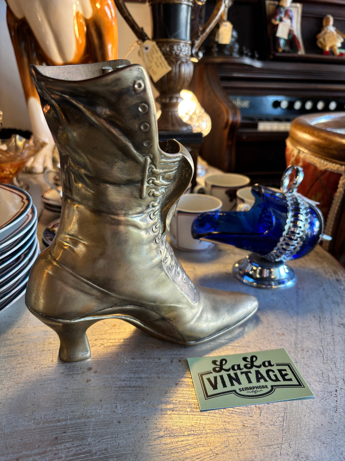 Vintage Brass Victorian-Style Lace-Up Boot Vase