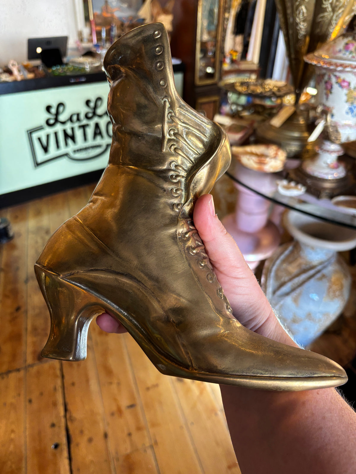 Vintage Brass Victorian-Style Lace-Up Boot Vase