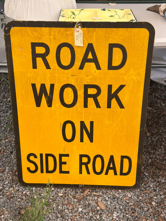 Vintage Australian Metal Road Sign - Authentic Decommissioned "Road Work On Side Road" Yellow Traffic Sign | Industrial Man Cave Decor