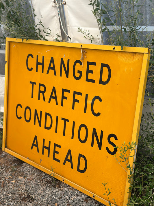 Vintage Australian Metal Road Sign - Changed Traffic Conditions Ahead | Yellow Industrial Australiana Home Decor