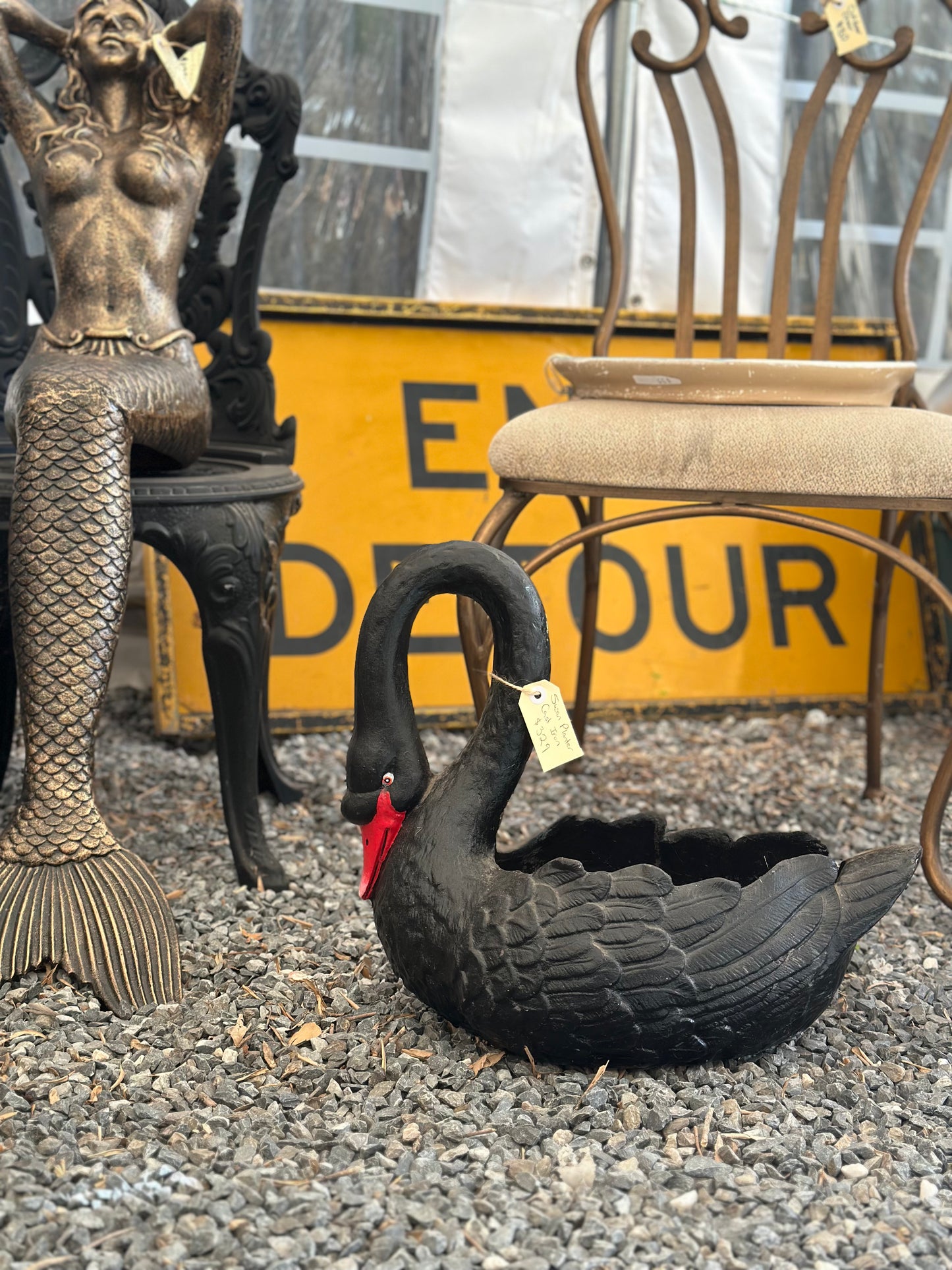 Black Cast Iron Swan Planter | Antique Style Garden Statue Urn