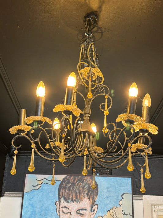 Vintage Two-Tier 8 Light Chandelier with Amber Glass Teardrops and Gold-Fleck Glass Flower Bobeches