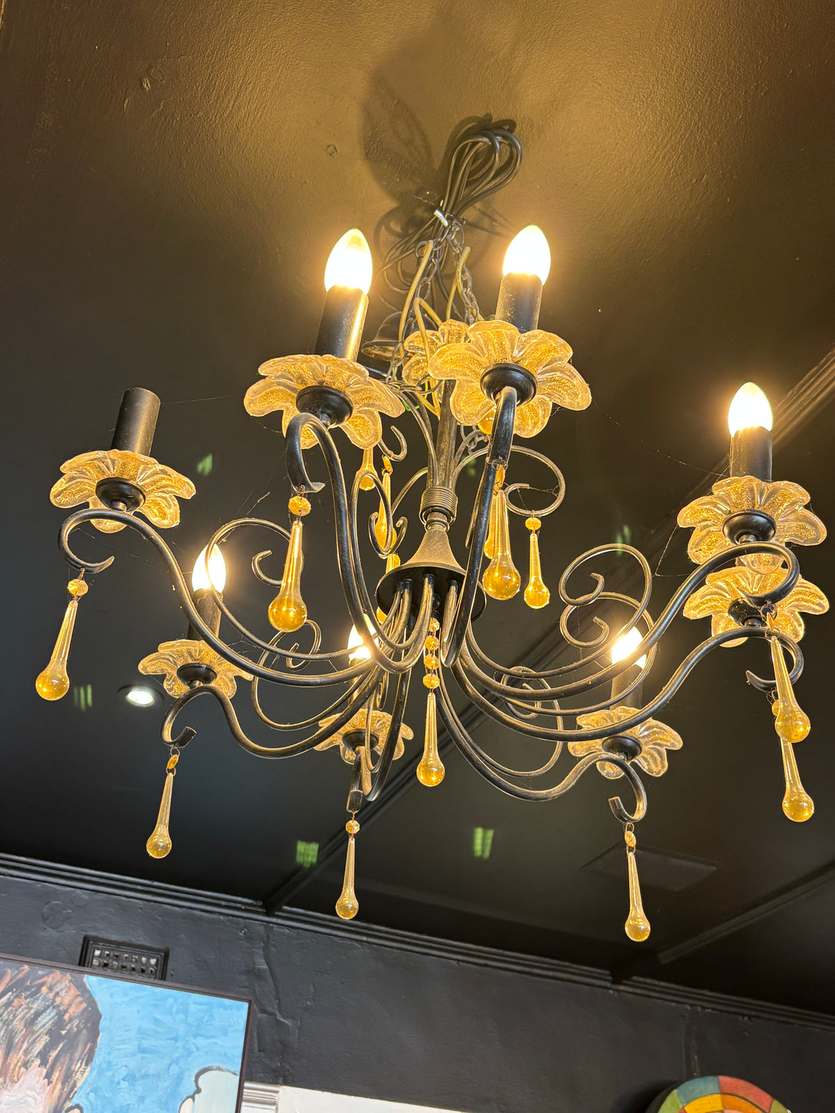 Vintage Two-Tier 8 Light Chandelier with Amber Glass Teardrops and Gold-Fleck Glass Flower Bobeches