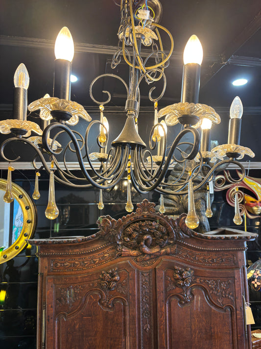 Vintage Two-Tier 8 Light Chandelier with Amber Glass Teardrops and Gold-Fleck Glass Flower Bobeches