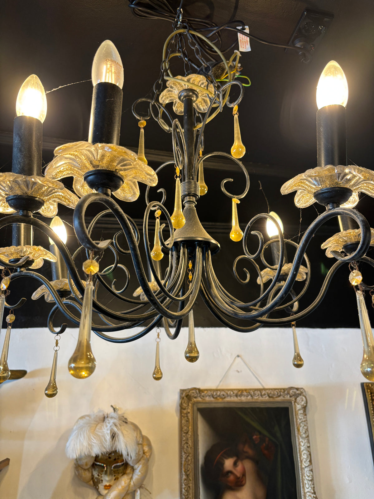 Vintage Two-Tier 8 Light Chandelier with Amber Glass Teardrops and Gold-Fleck Glass Flower Bobeches