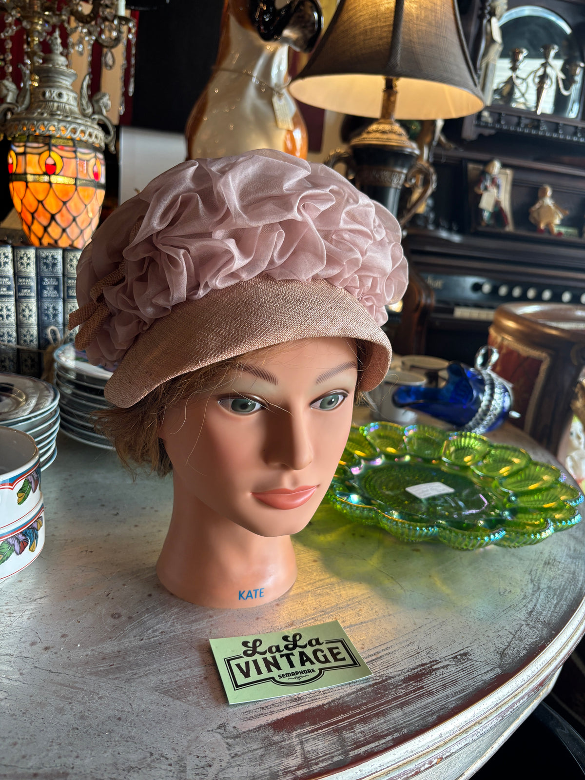 Vintage 1960s Kent Dusty Pink Straw Hat with Ruched Organza Crown