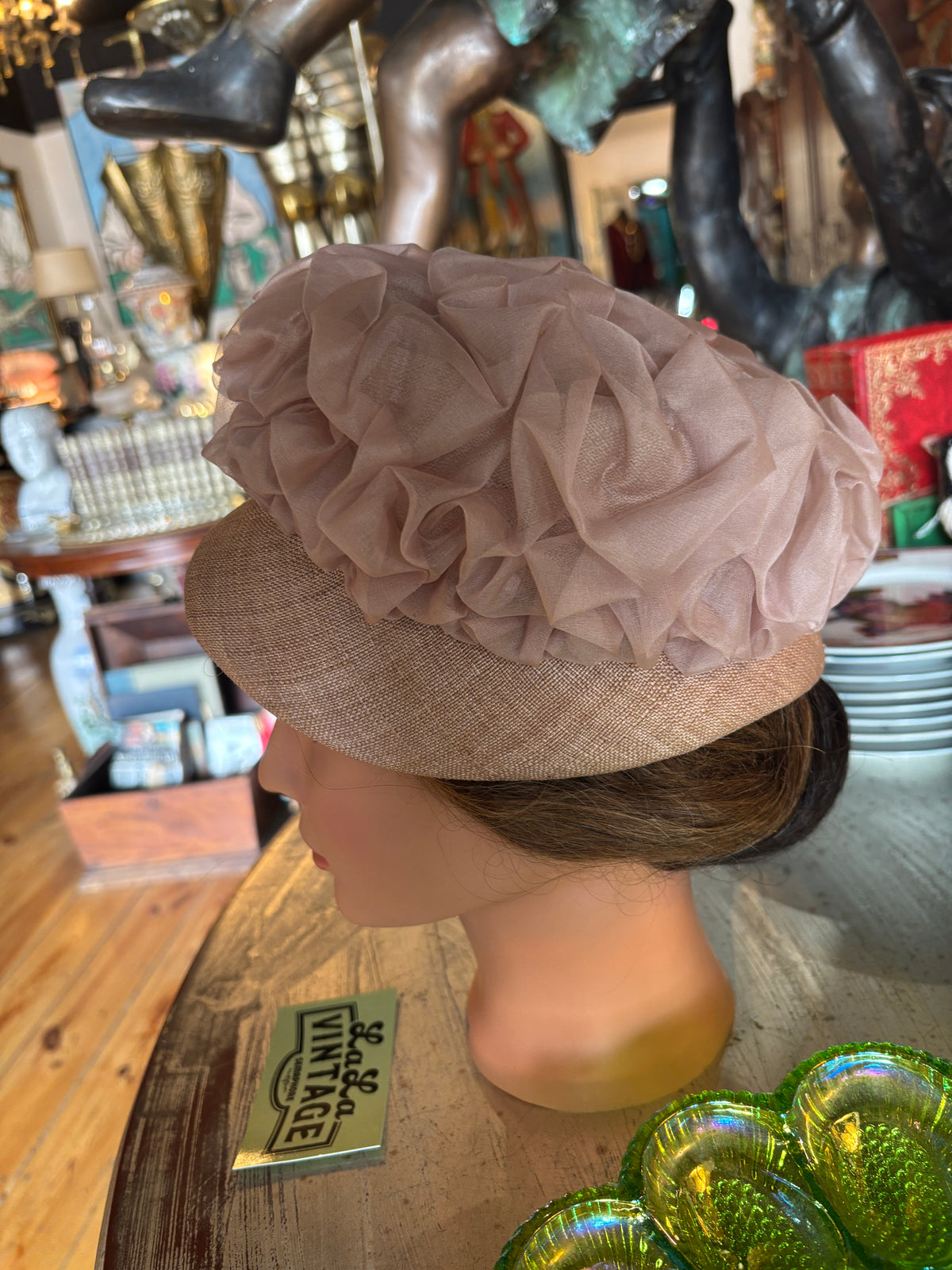 Vintage 1960s Kent Dusty Pink Straw Hat with Ruched Organza Crown