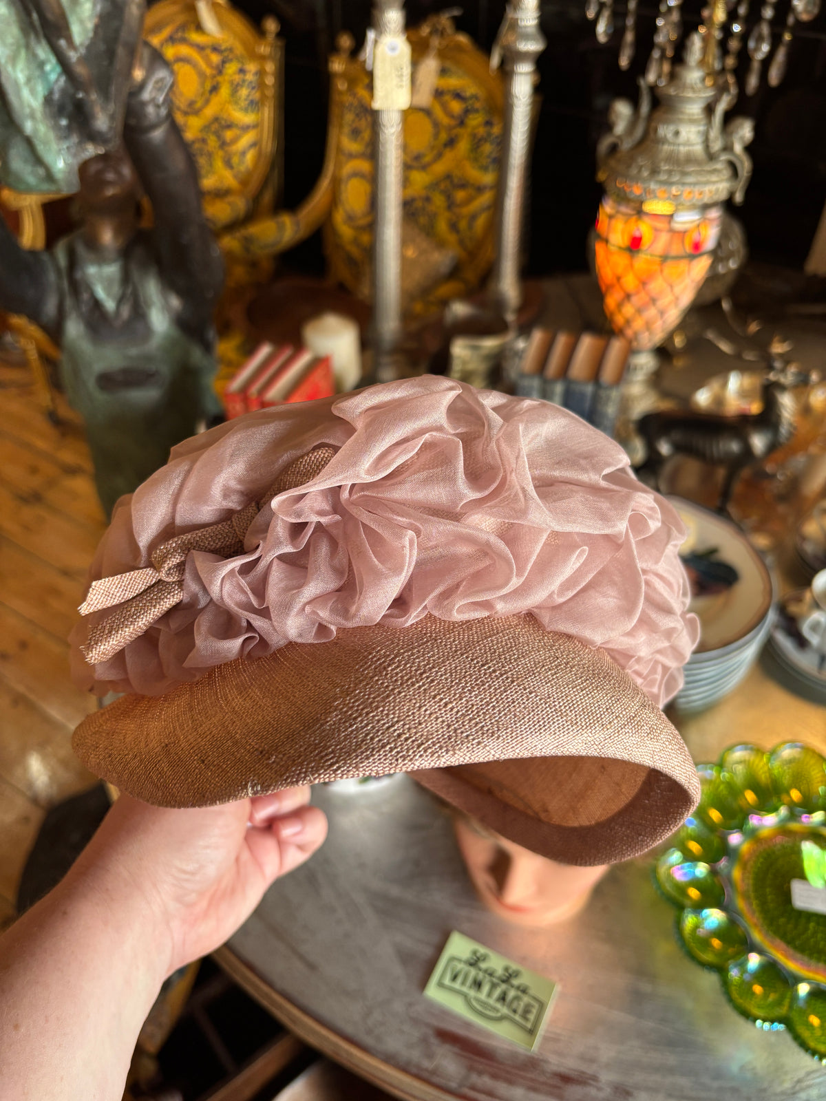 Vintage 1960s Kent Dusty Pink Straw Hat with Ruched Organza Crown