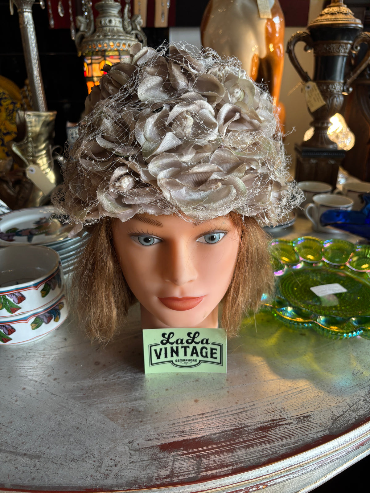 Vintage 1960s Champagne Satin Rose Bubble Hat with Ivory Veil Netting
