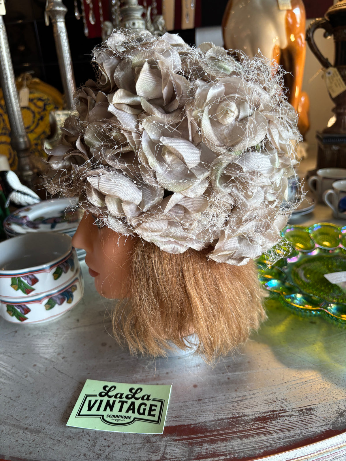 Vintage 1960s Champagne Satin Rose Bubble Hat with Ivory Veil Netting