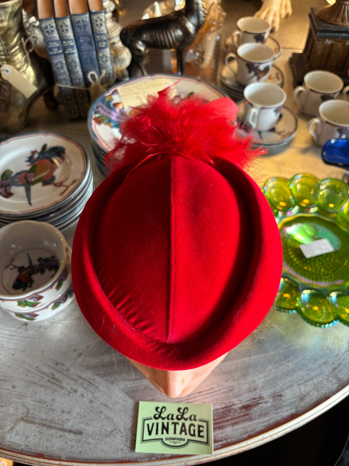 Vintage Marida Red Velvet Percher Hat with Feather Spray – Made in England, c. 1980s