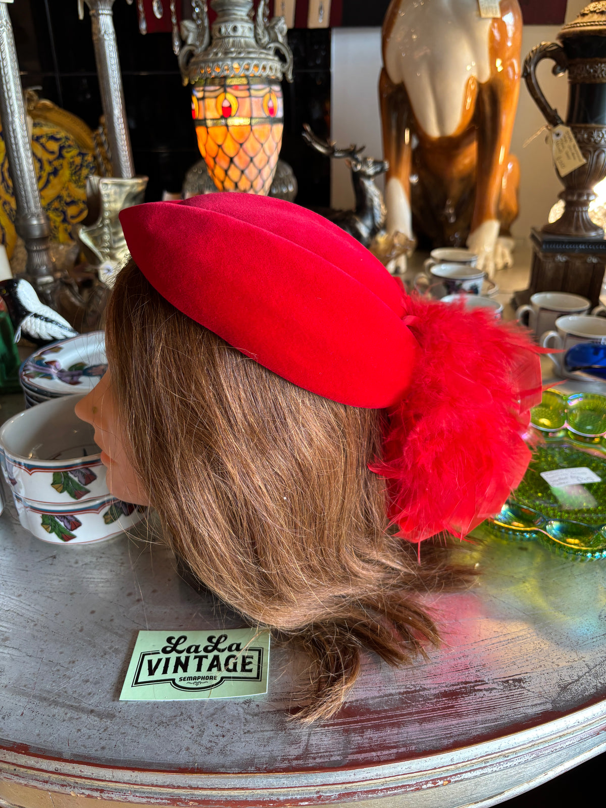 Vintage Marida Red Velvet Percher Hat with Feather Spray – Made in England, c. 1980s