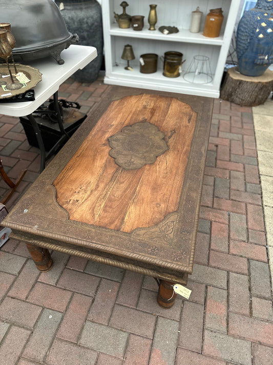 Vintage Indian Brass Clad Wood Coffee Table – Hand-Carved Metal Overlay