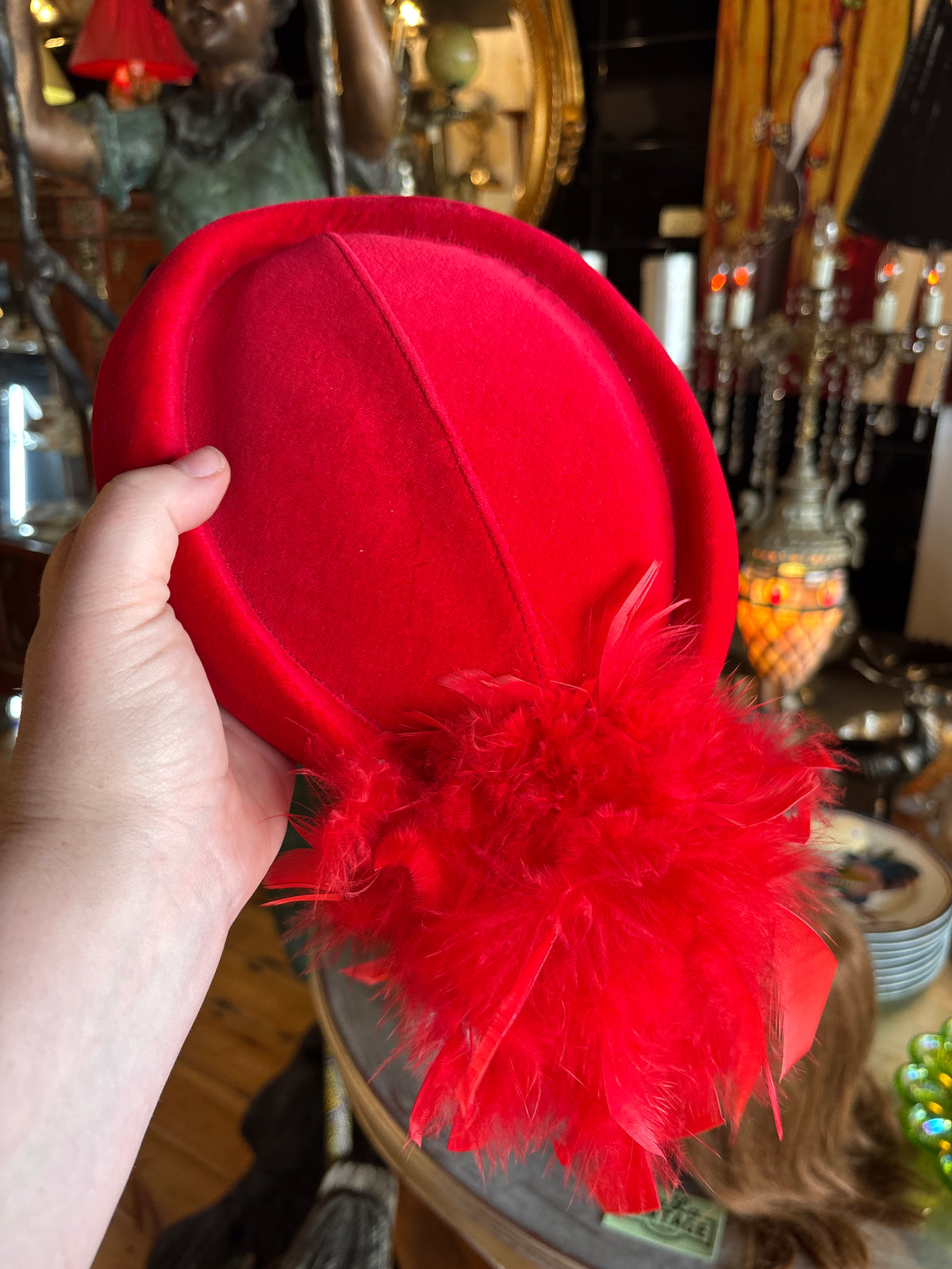 Vintage Marida Red Velvet Percher Hat with Feather Spray – Made in England, c. 1980s