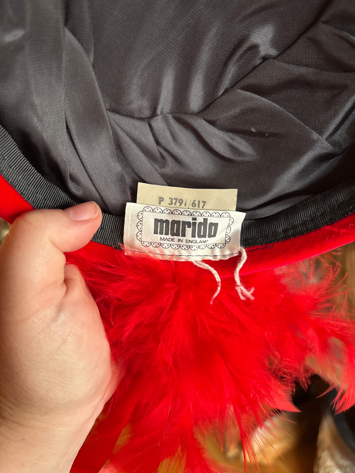 Vintage Marida Red Velvet Percher Hat with Feather Spray – Made in England, c. 1980s