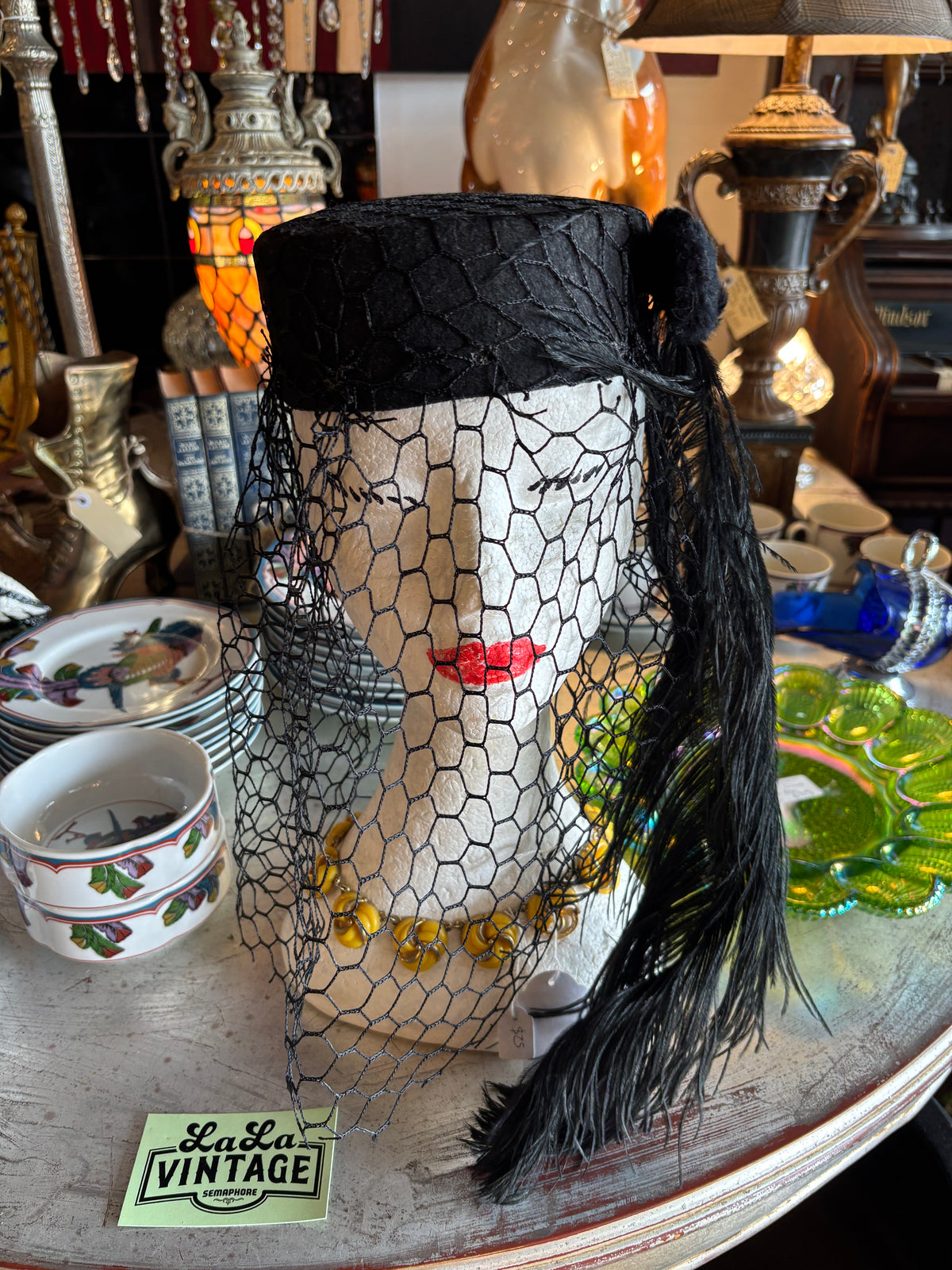 Black Felt Pillbox Hat with Full Veil and Ostrich Plume
