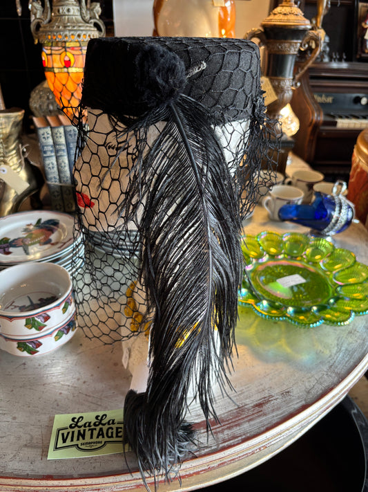 Black Felt Pillbox Hat with Full Veil and Ostrich Plume