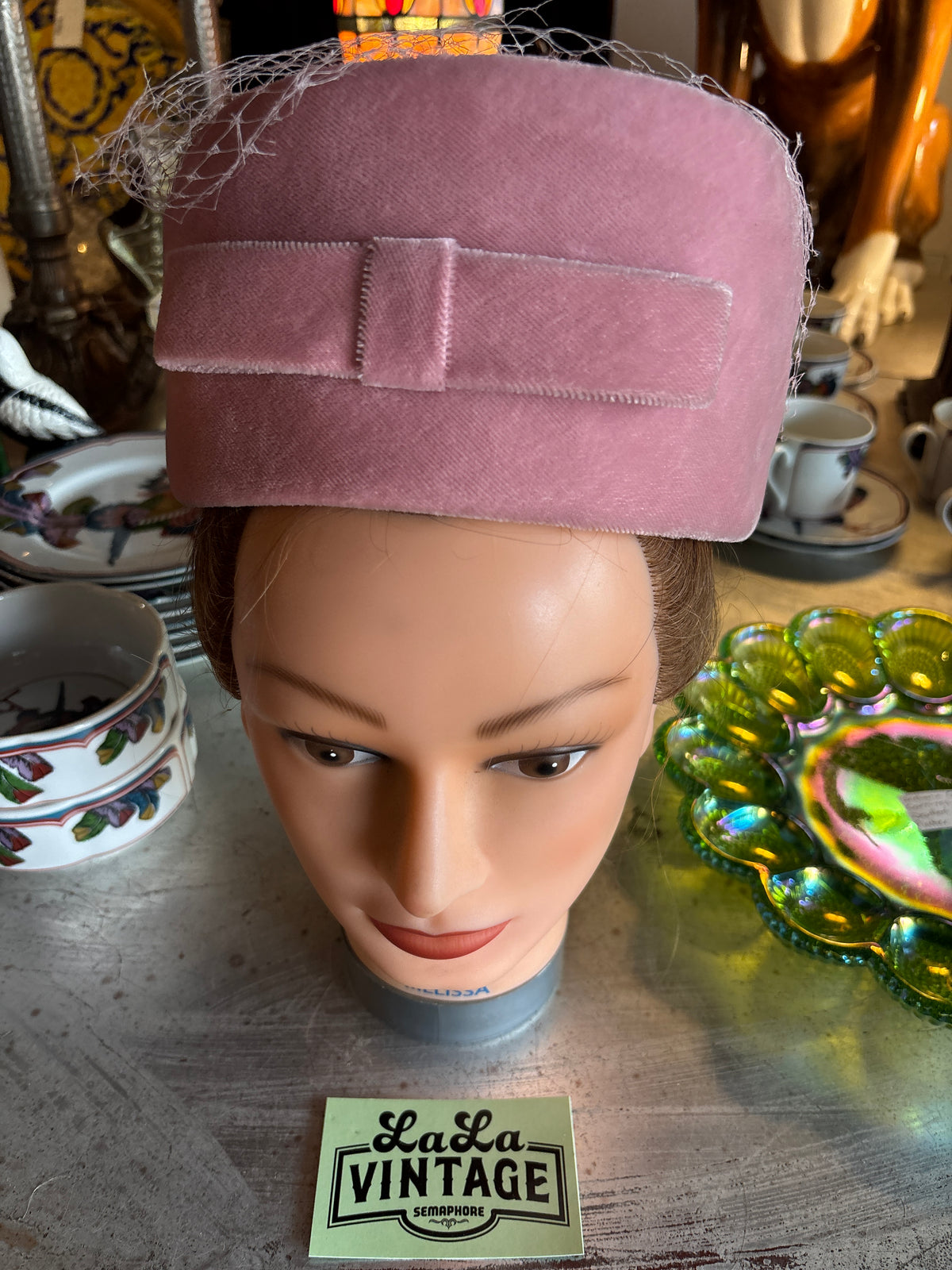 Vintage 1960s Dusty Pink Velvet Pillbox Hat with Netting Veil