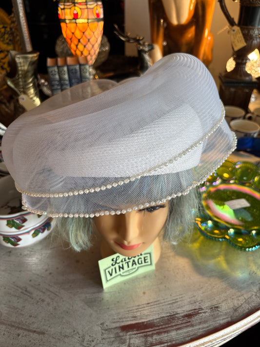 Vintage David M White Straw & Crinoline Sculptural Hat with Beaded Trim