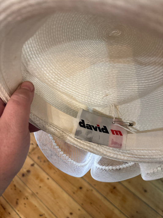 Vintage David M White Straw & Crinoline Sculptural Hat with Beaded Trim