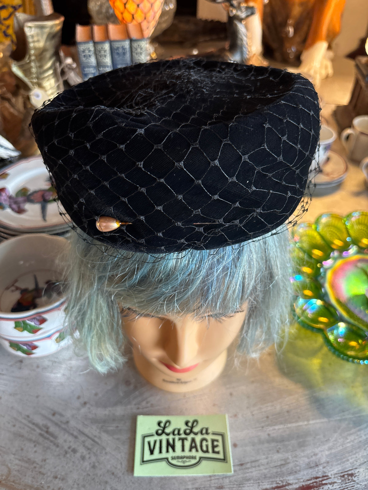 Vintage 1960s-Style Black Velvet Pillbox Hat with Netting Veil, Satin Bow & Pearl Hat Pin