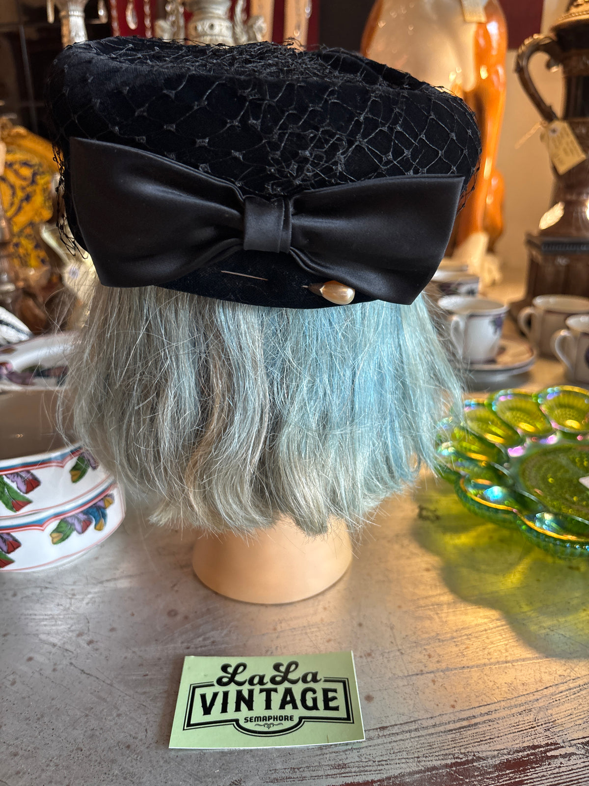 Vintage 1960s-Style Black Velvet Pillbox Hat with Netting Veil, Satin Bow & Pearl Hat Pin