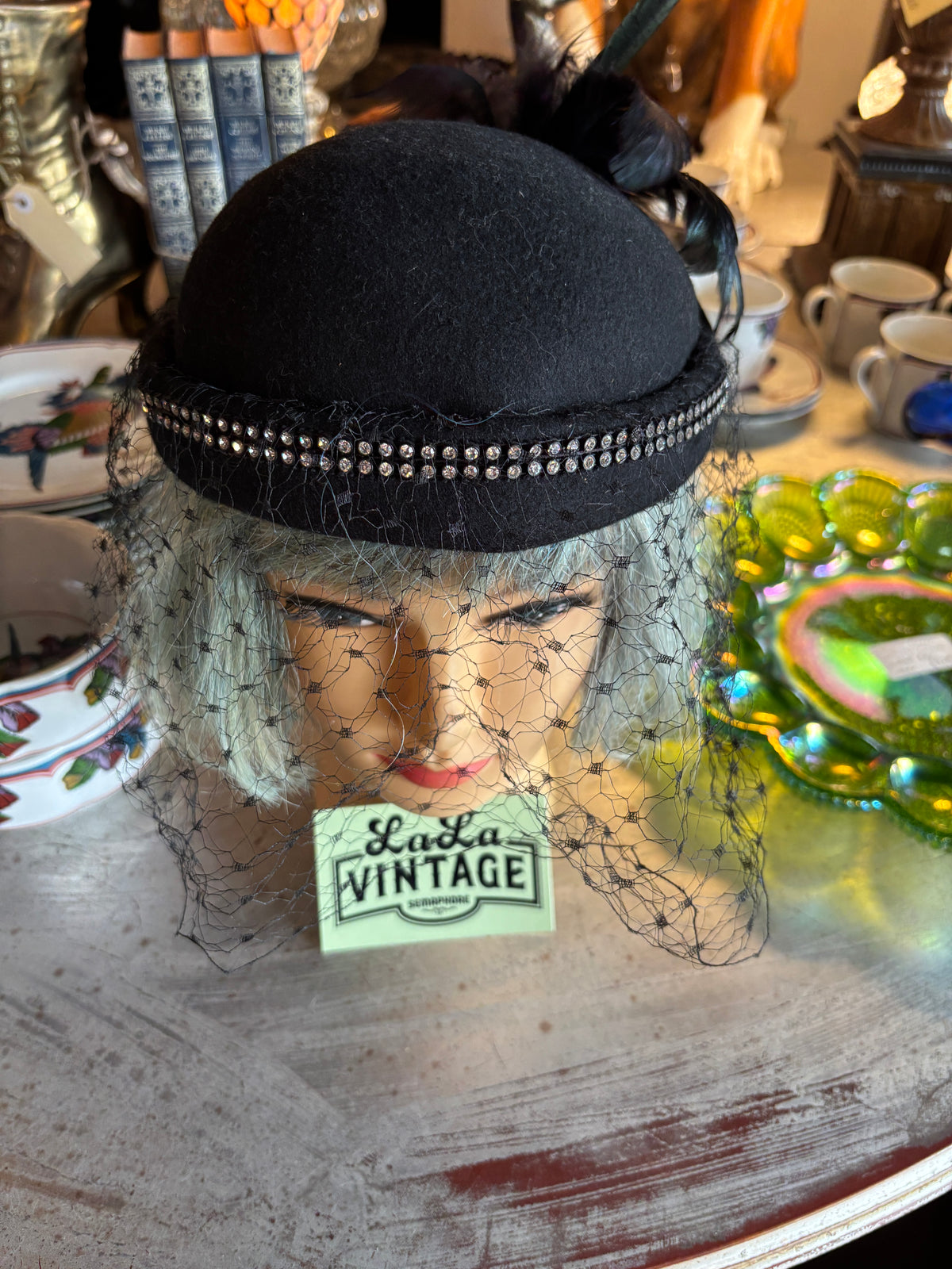 Vintage Black Wool Felt Cocktail Hat with Rhinestones, Feathers & Netted Veil