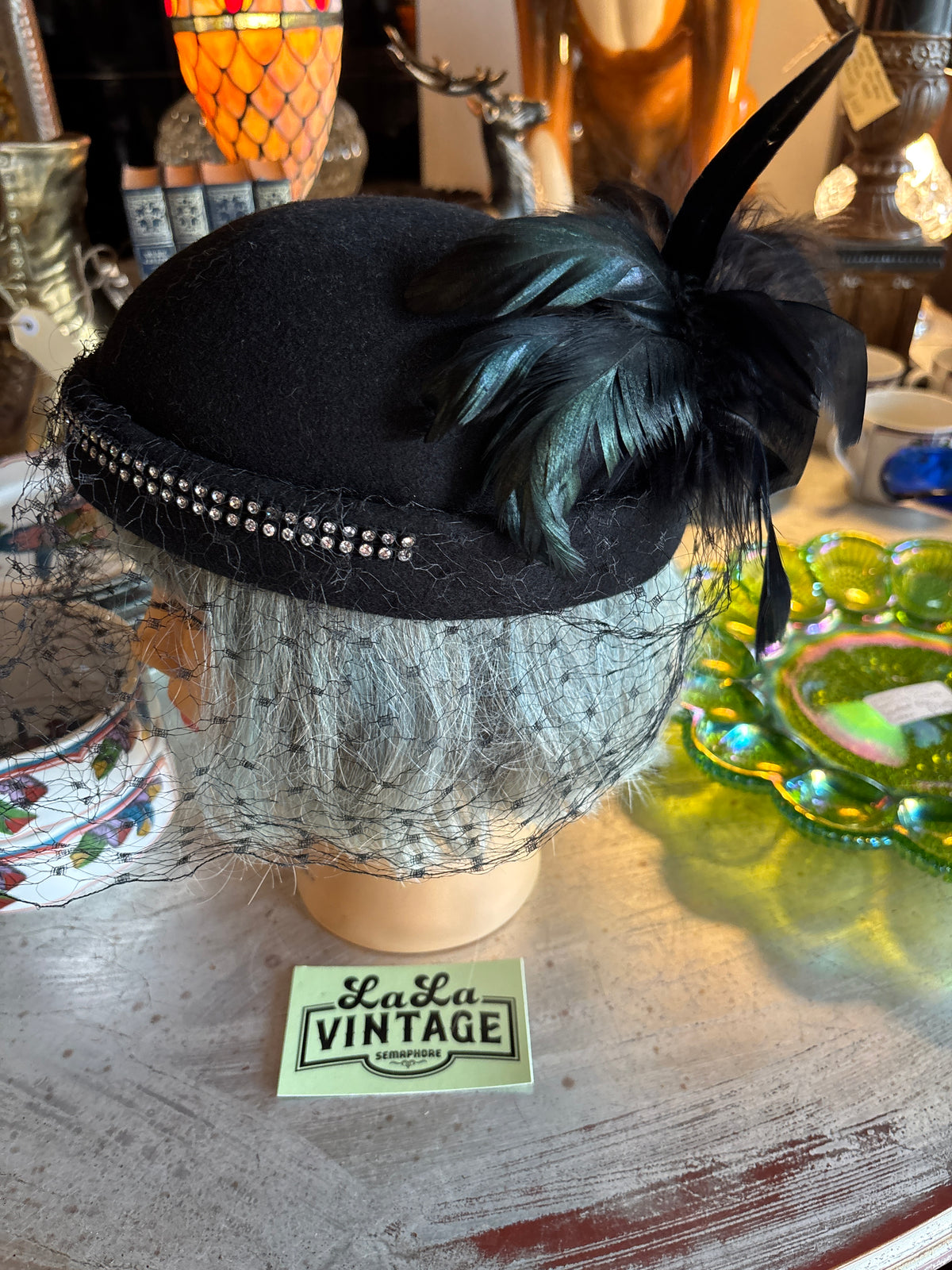 Vintage Black Wool Felt Cocktail Hat with Rhinestones, Feathers & Netted Veil