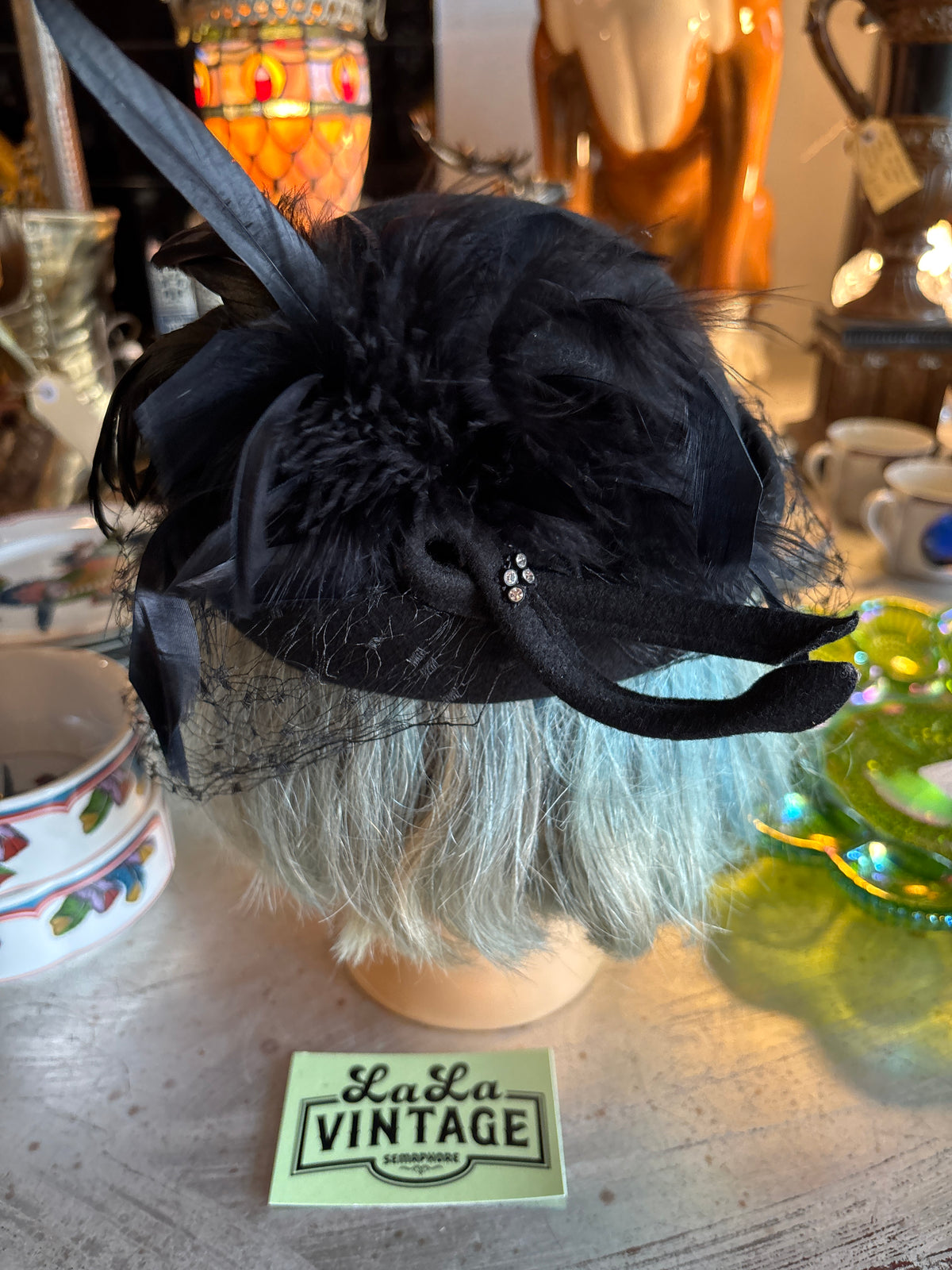 Vintage Black Wool Felt Cocktail Hat with Rhinestones, Feathers & Netted Veil