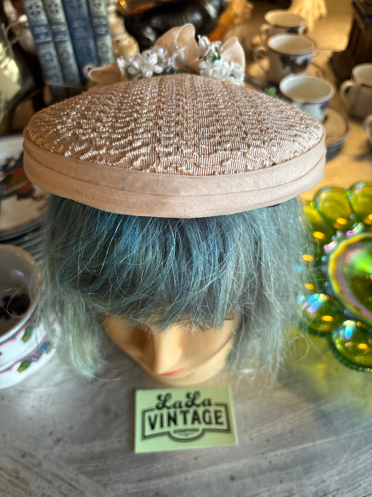 Vintage 1950s Blush Pink Woven Half Hat with Organza Bow & Millinery Flowers