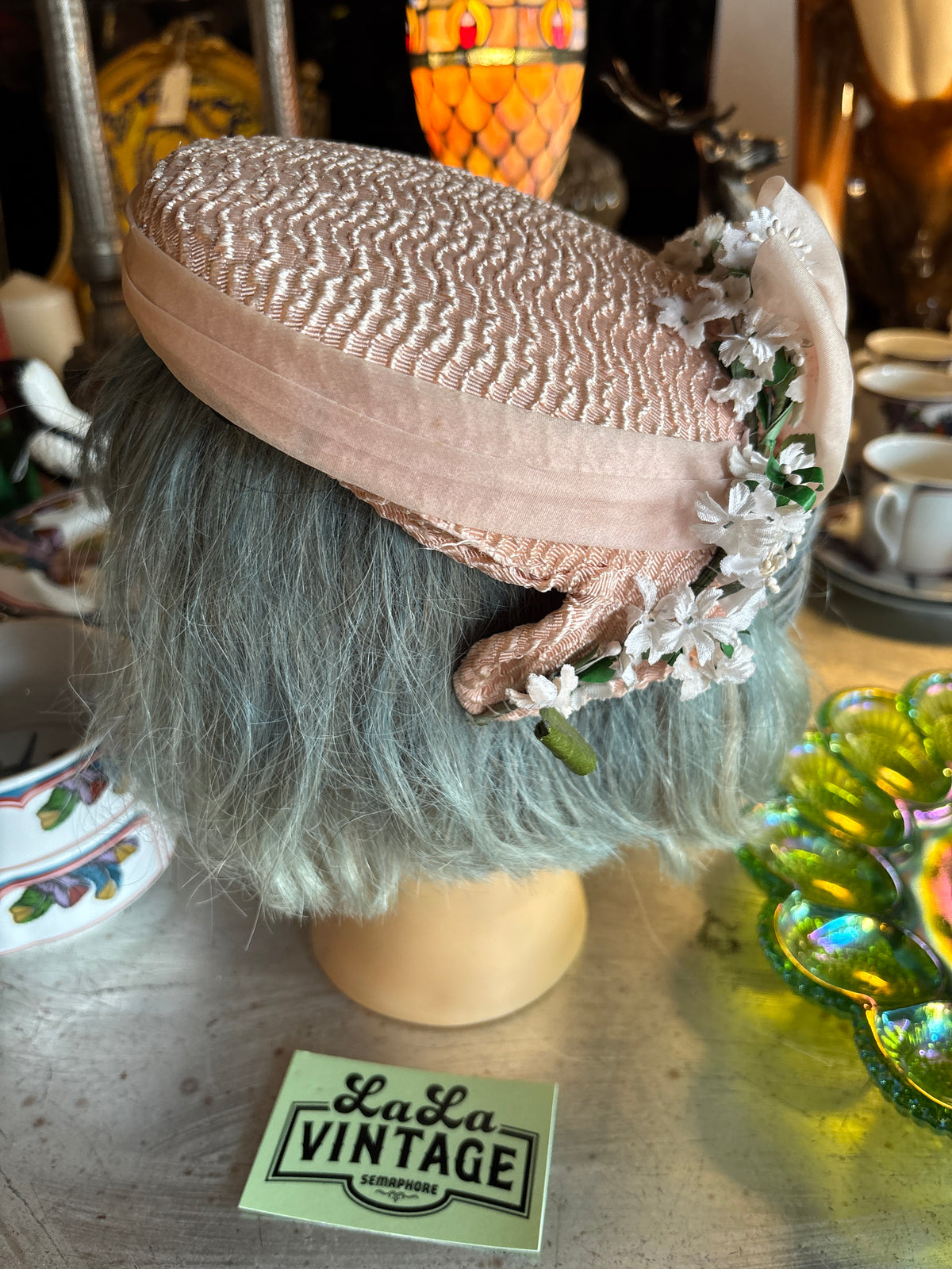 Vintage 1950s Blush Pink Woven Half Hat with Organza Bow & Millinery Flowers