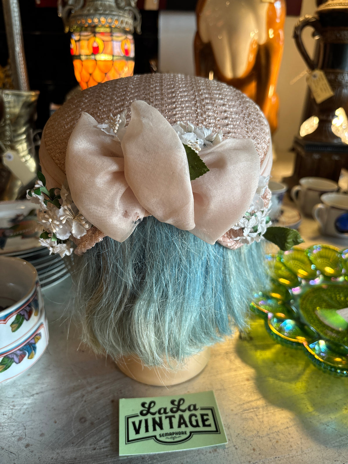 Vintage 1950s Blush Pink Woven Half Hat with Organza Bow & Millinery Flowers