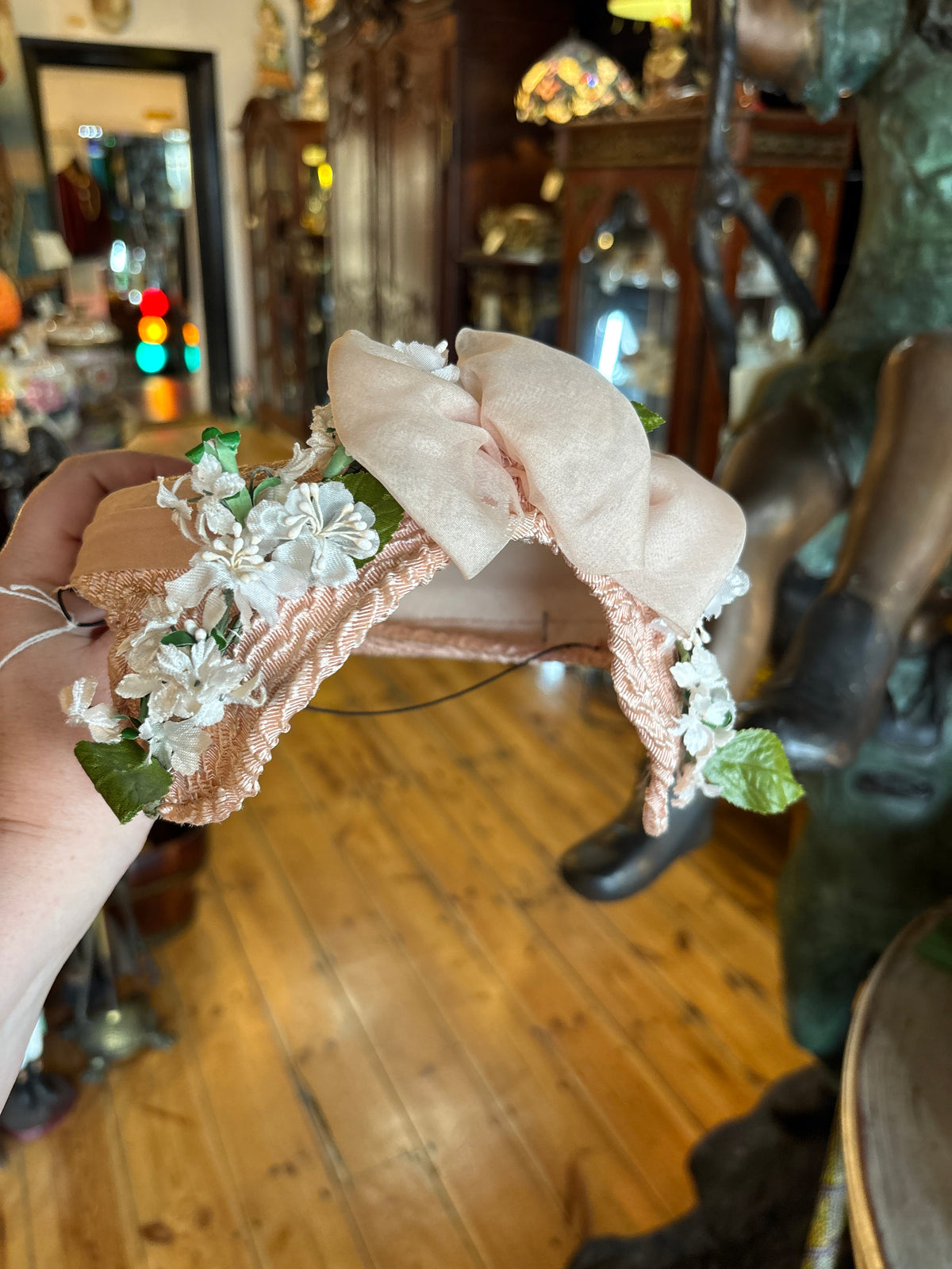 Vintage 1950s Blush Pink Woven Half Hat with Organza Bow & Millinery Flowers