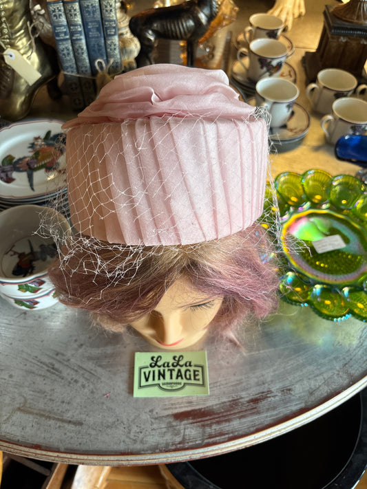 Vintage Pale Pink Pleated Pillbox Hat with Rosette & Veil