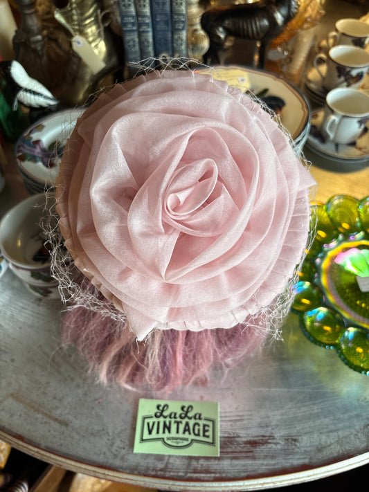 Vintage Pale Pink Pleated Pillbox Hat with Rosette & Veil