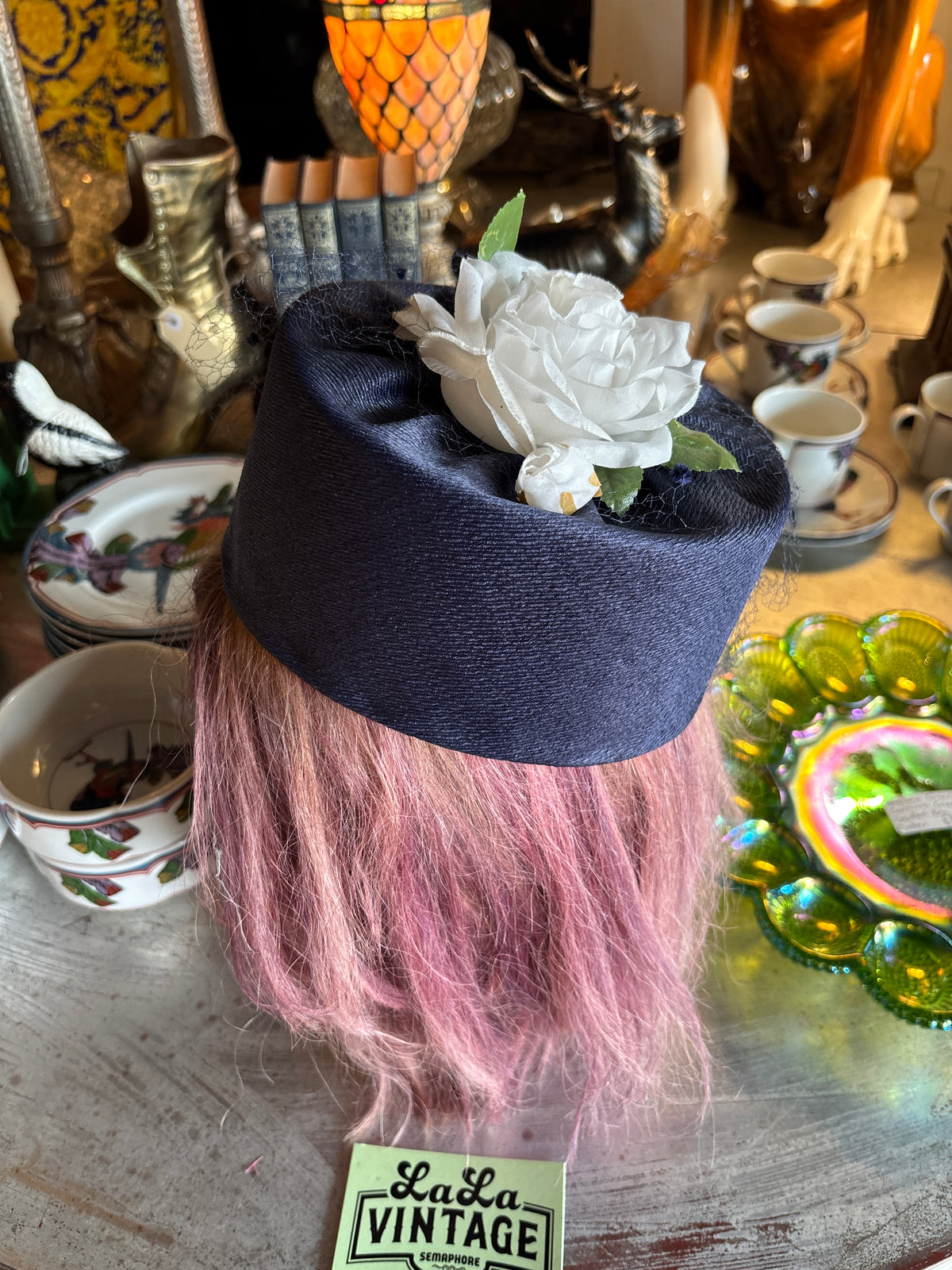 Vintage Navy Pillbox Hat with White Silk-Look Rose and Dotted Veil