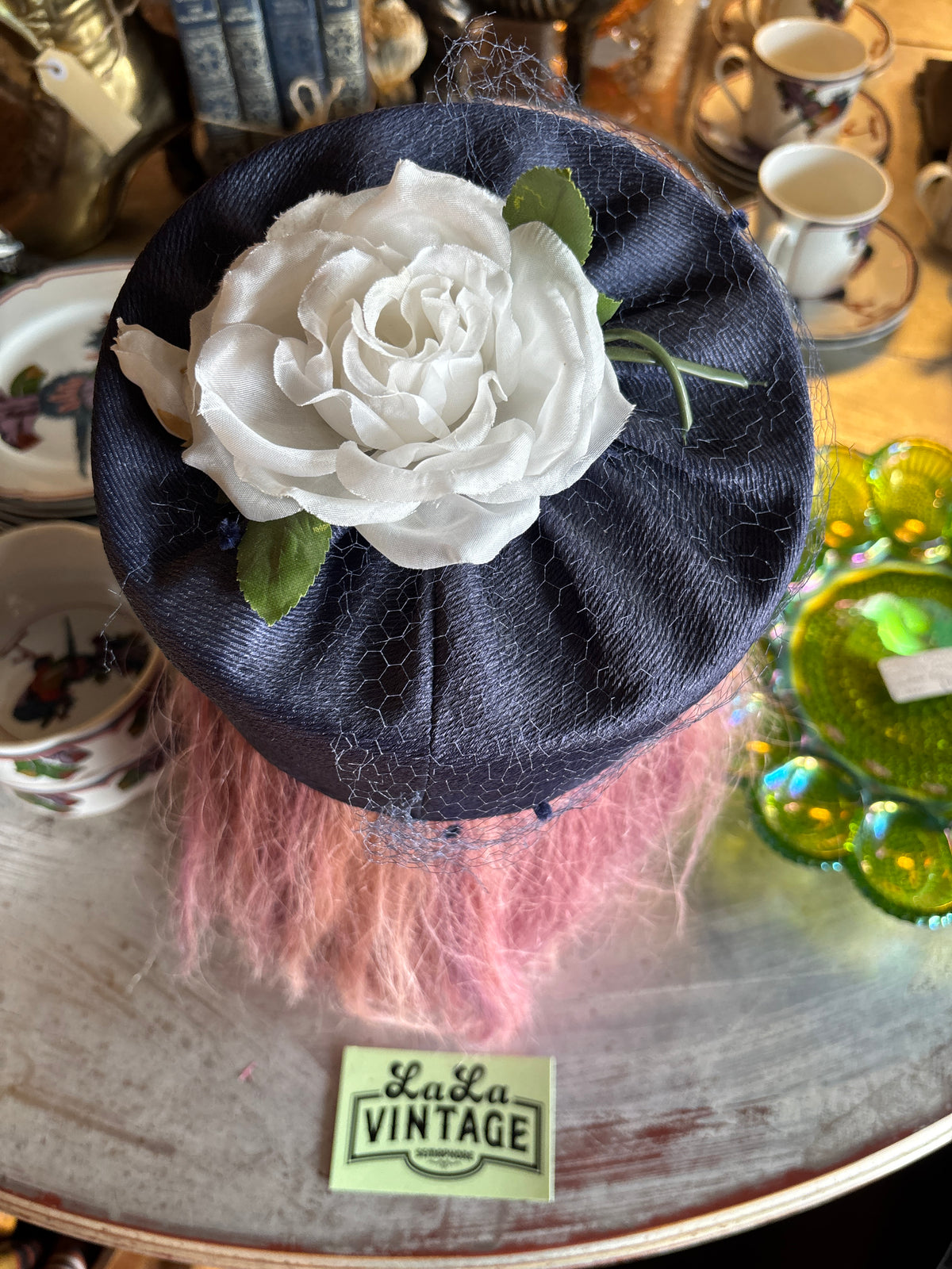 Vintage Navy Pillbox Hat with White Silk-Look Rose and Dotted Veil