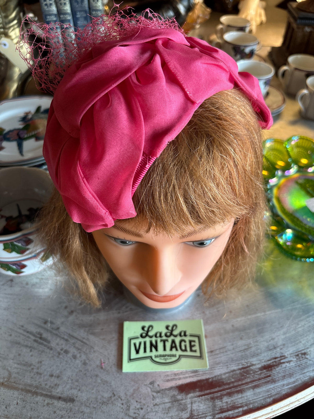 Vintage Janell Hot Pink Bow Half Hat with Veil
