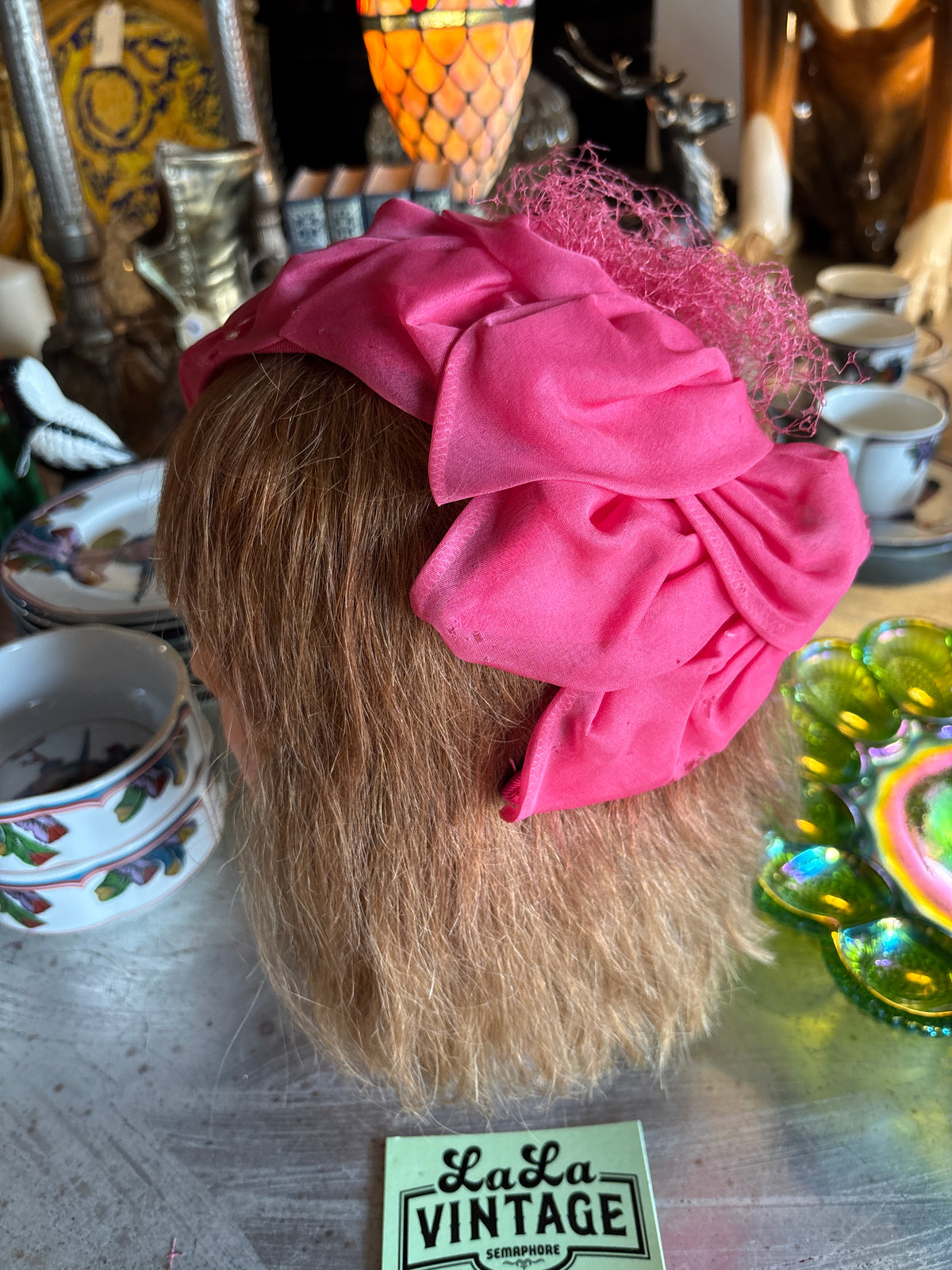 Vintage Janell Hot Pink Bow Half Hat with Veil