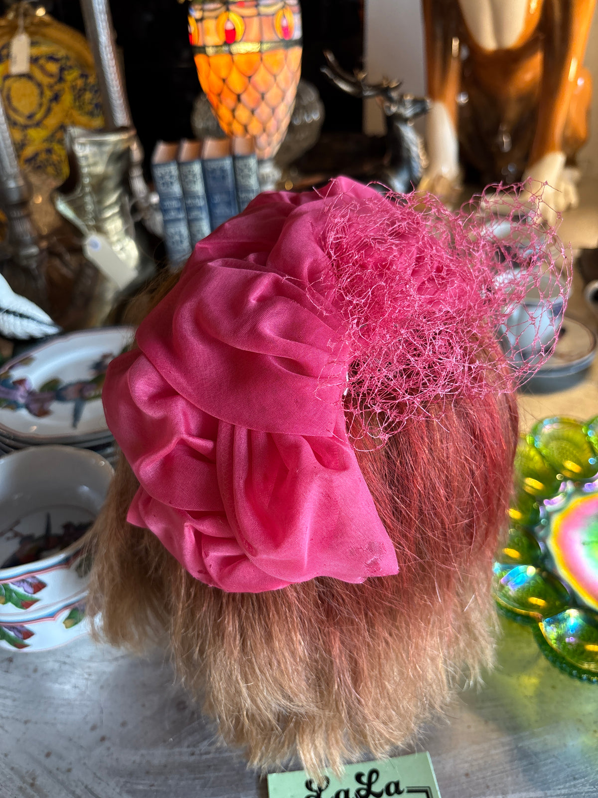 Vintage Janell Hot Pink Bow Half Hat with Veil