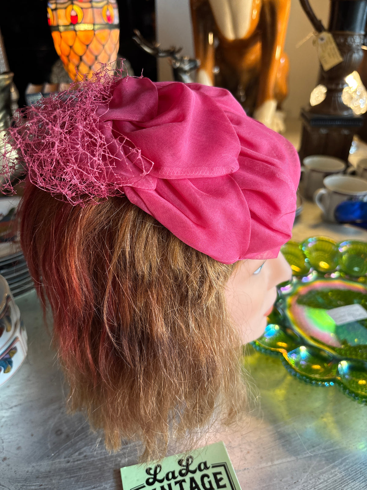 Vintage Janell Hot Pink Bow Half Hat with Veil