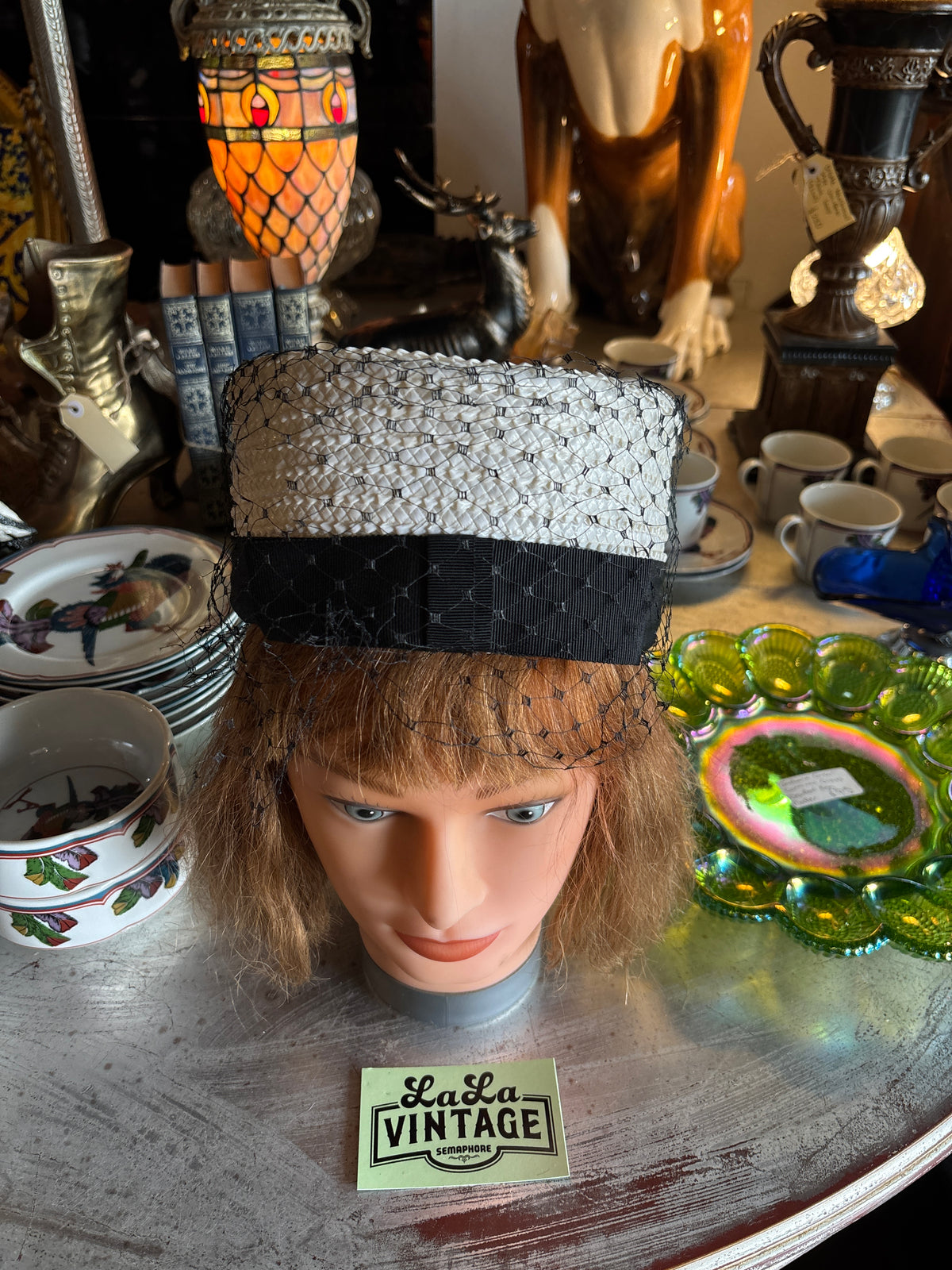 Vintage 1960s White Woven Pillbox Hat with Black Veil & Grosgrain Bow