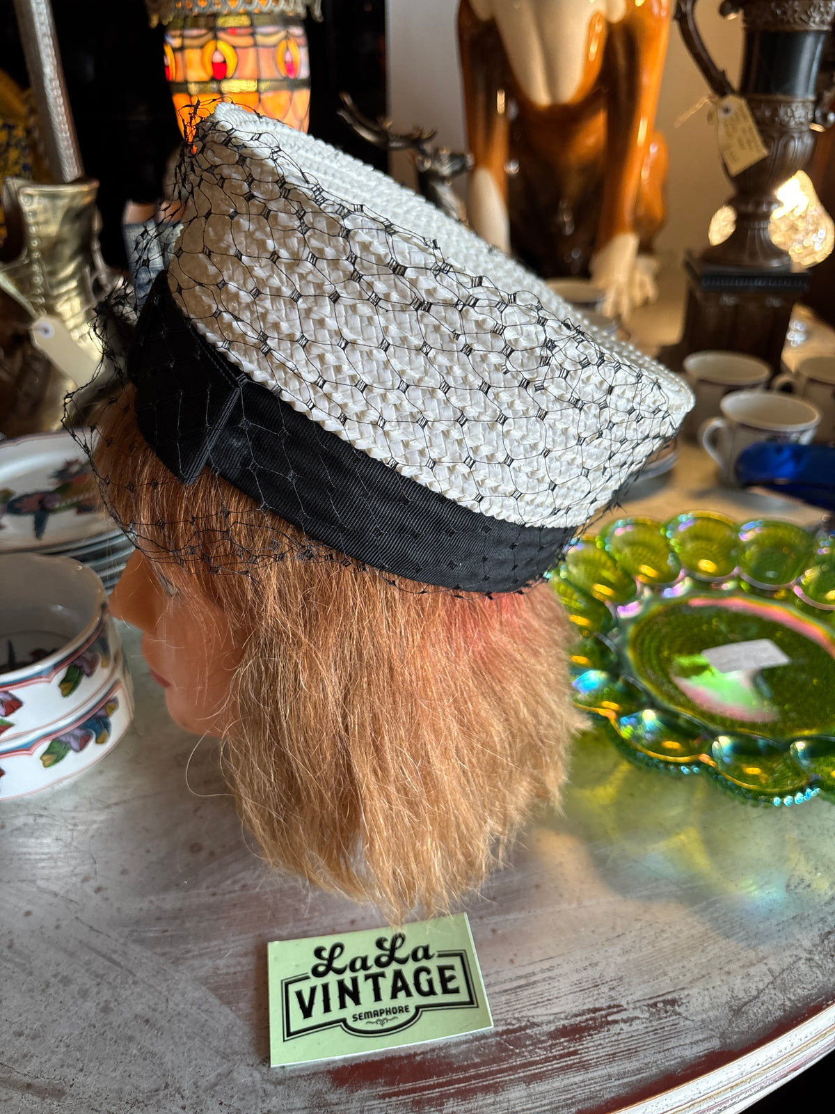 Vintage 1960s White Woven Pillbox Hat with Black Veil & Grosgrain Bow